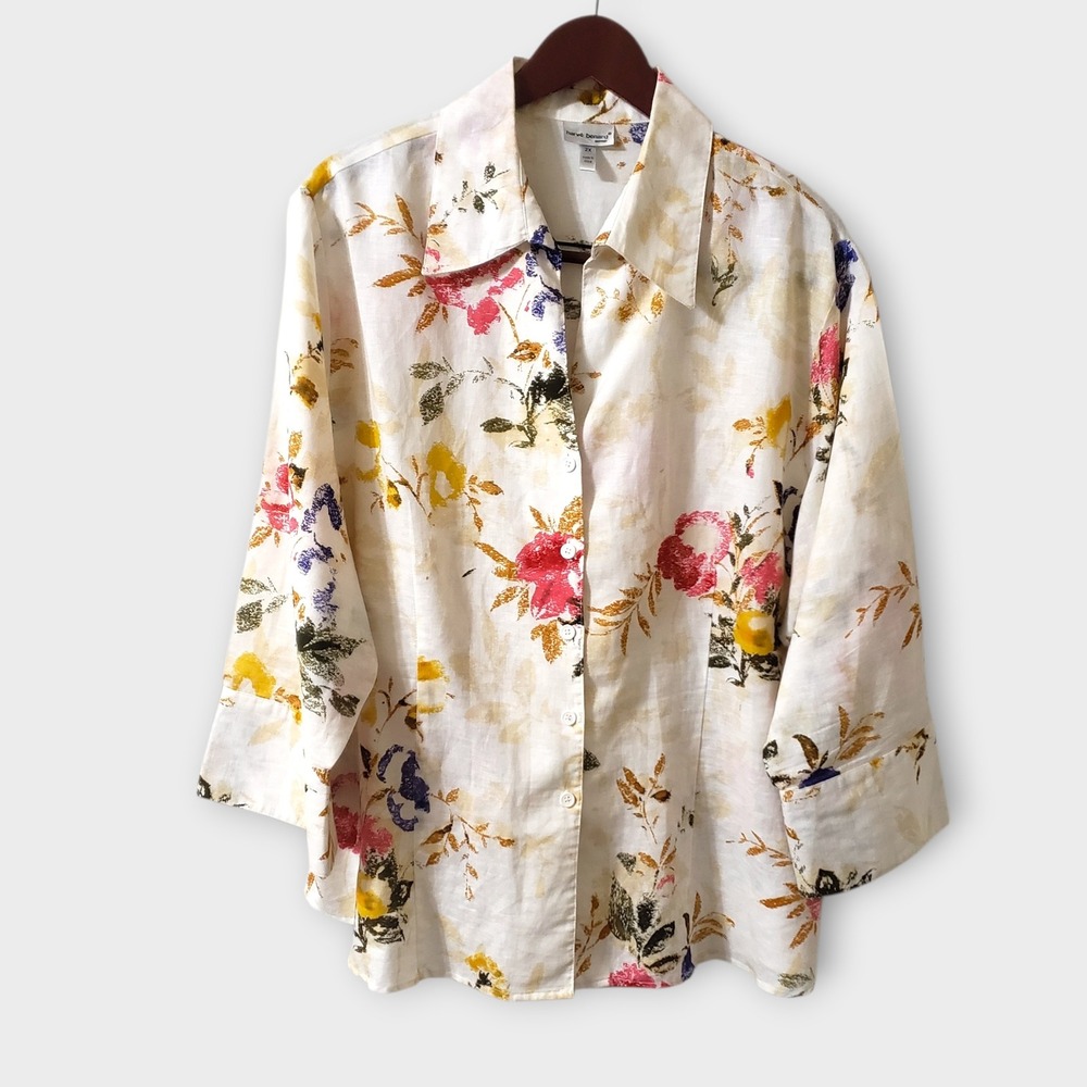 Harve Benard Woman 2X Linen Cotton Floral Button Up Shirt Cream Yellow Multi